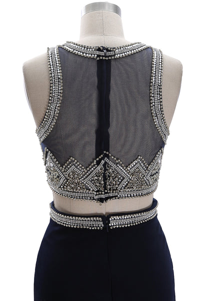 MACloth Women Two Piece Beaded Formal Evening Gown O Neck Sheath Long Prom Gown