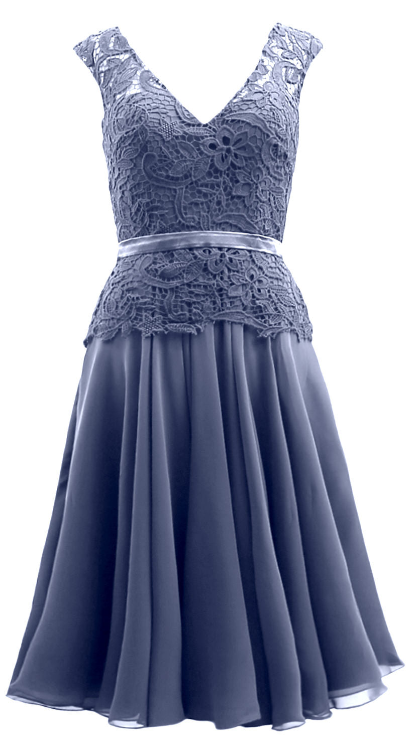 MACloth Women V Neck Lace Chiffon Party Formal Gown Midi Mother of Bride Dress