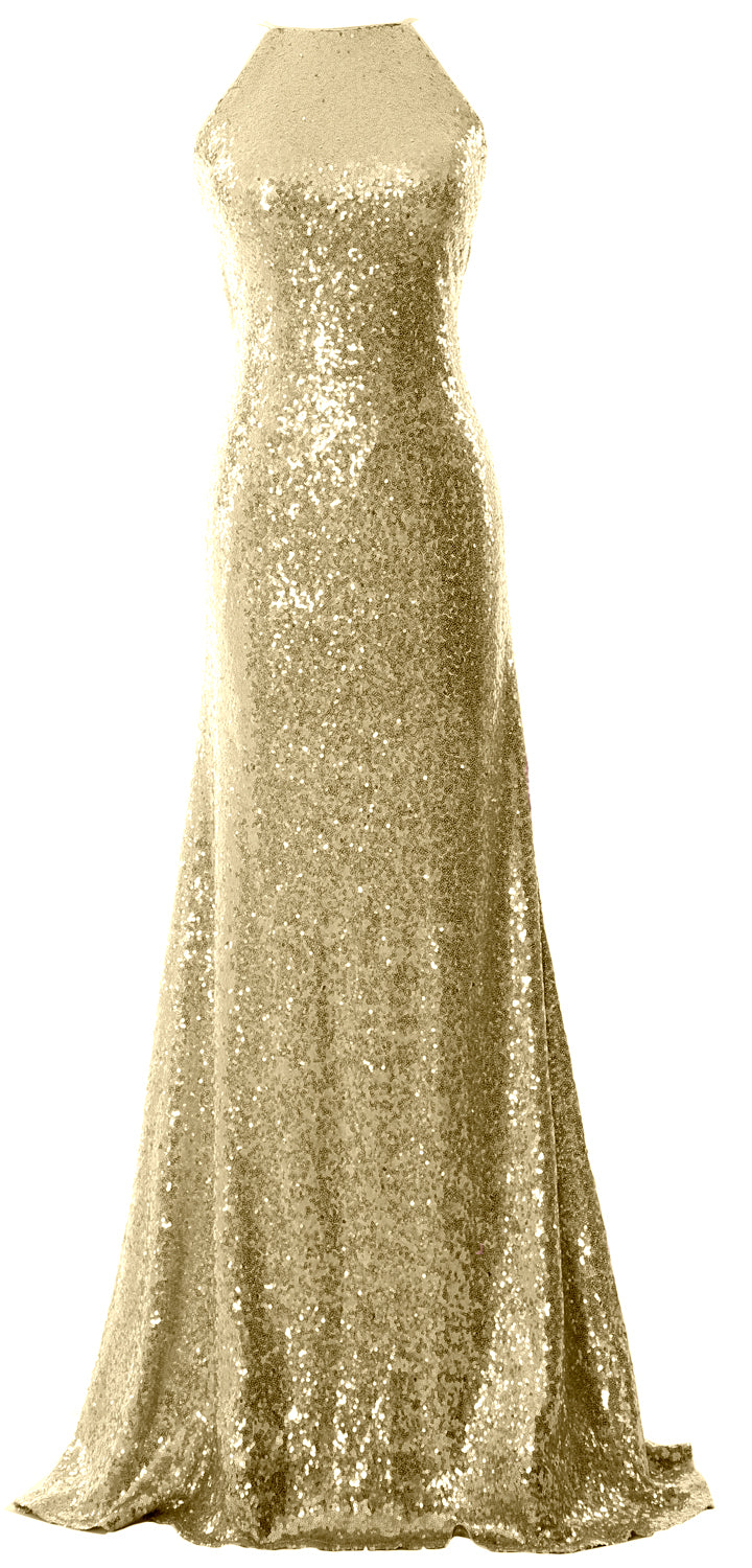 MACloth Women Bridesmaid Dress Sequin Long Halter Cowlback Prom Ball Gown