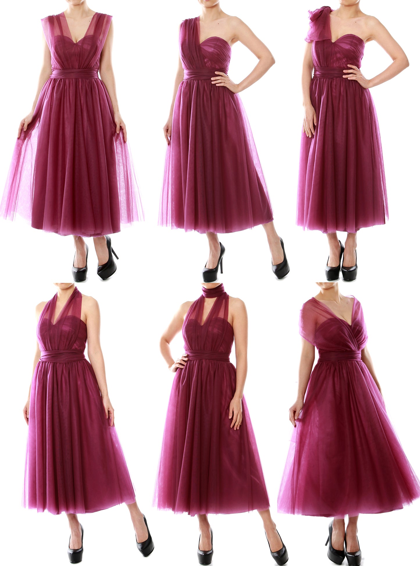 MACloth Midi Convertible Vestidos de dama de honor Vestido de fiesta de boda de tul