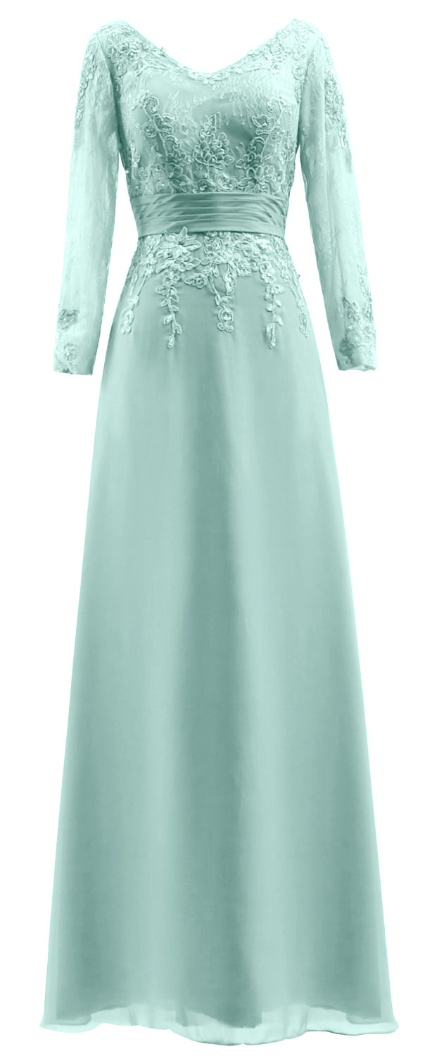 MACloth Vestidos de madre de la novia Mangas largas Cuello en V Encaje Vestido de noche formal