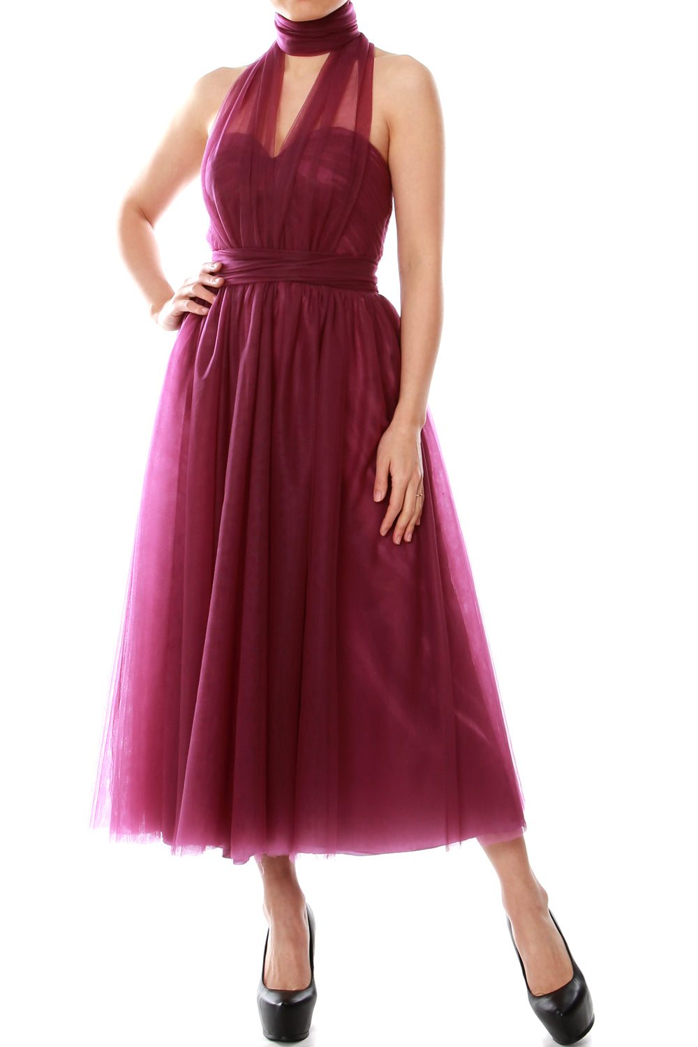 MACloth Midi Convertible Vestidos de dama de honor Vestido de fiesta de boda de tul