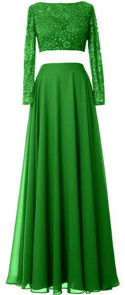 MACloth Women Lace Chiffon Formal Evening Gown 2 Piece Long Sleeves Prom Dresses