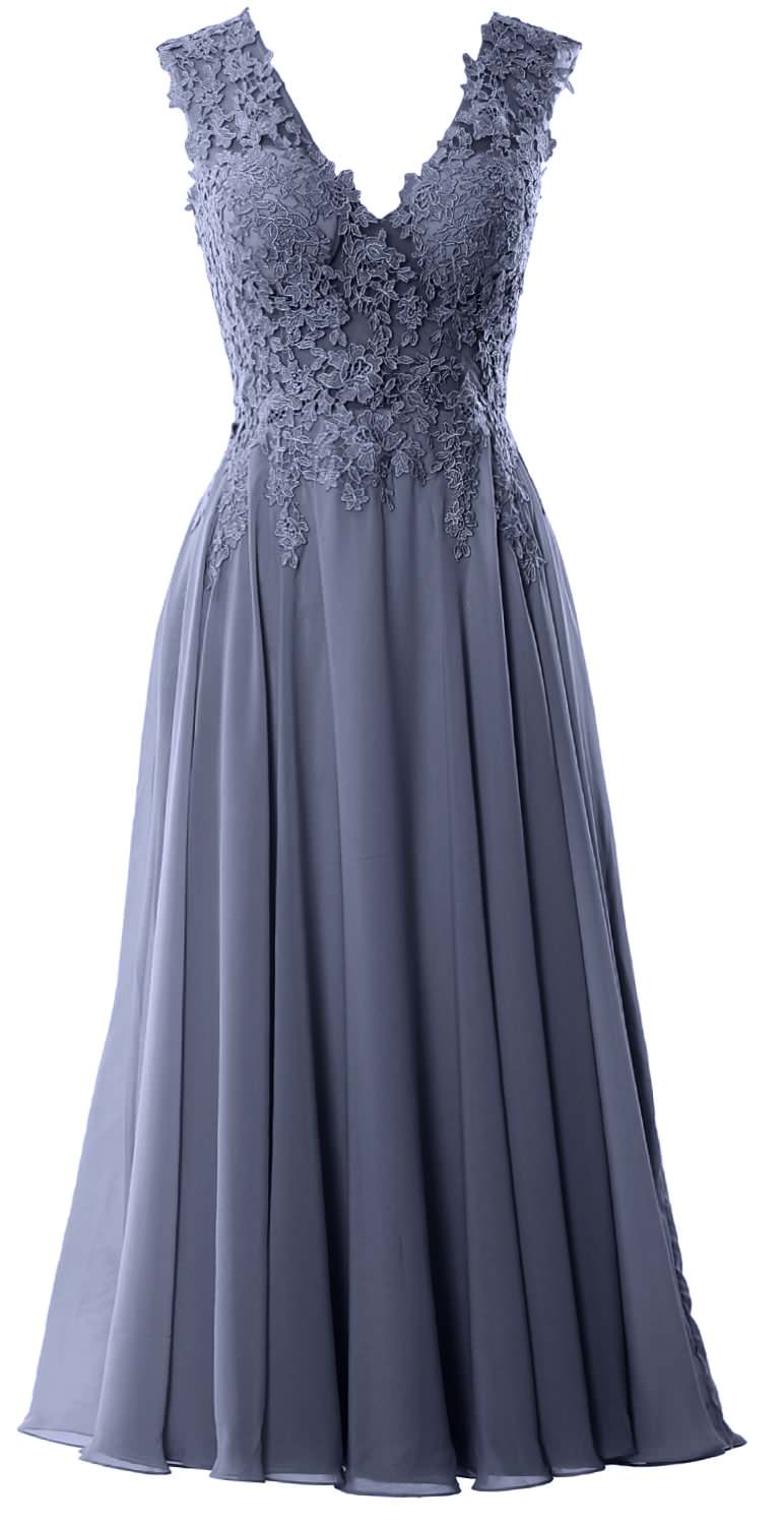 MACloth Women V Neck Lace Mother Bride Dresses Midi Tea Length Wedding Dinner