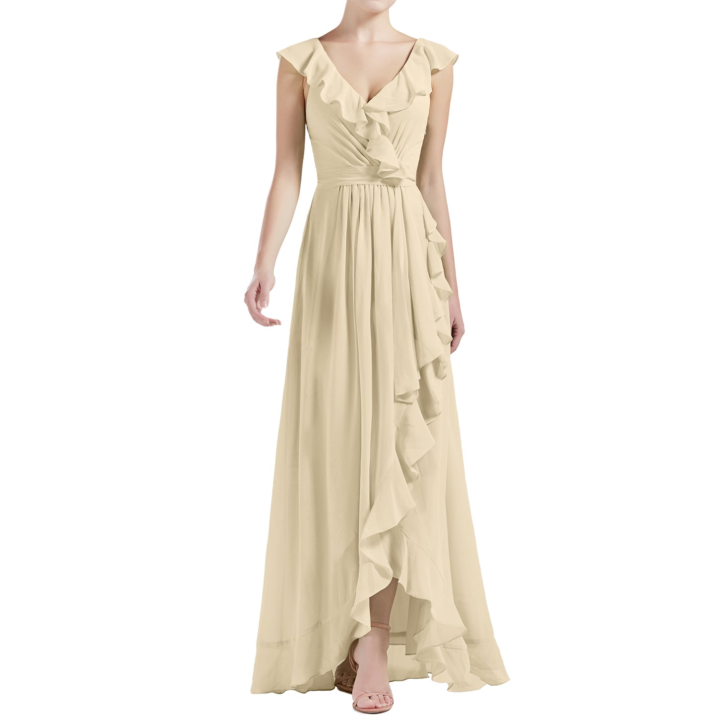 MACloth Women V Neck Ruffle Cap Sleeve Hi-Lo Long Wedding Bridesmaid Dresses
