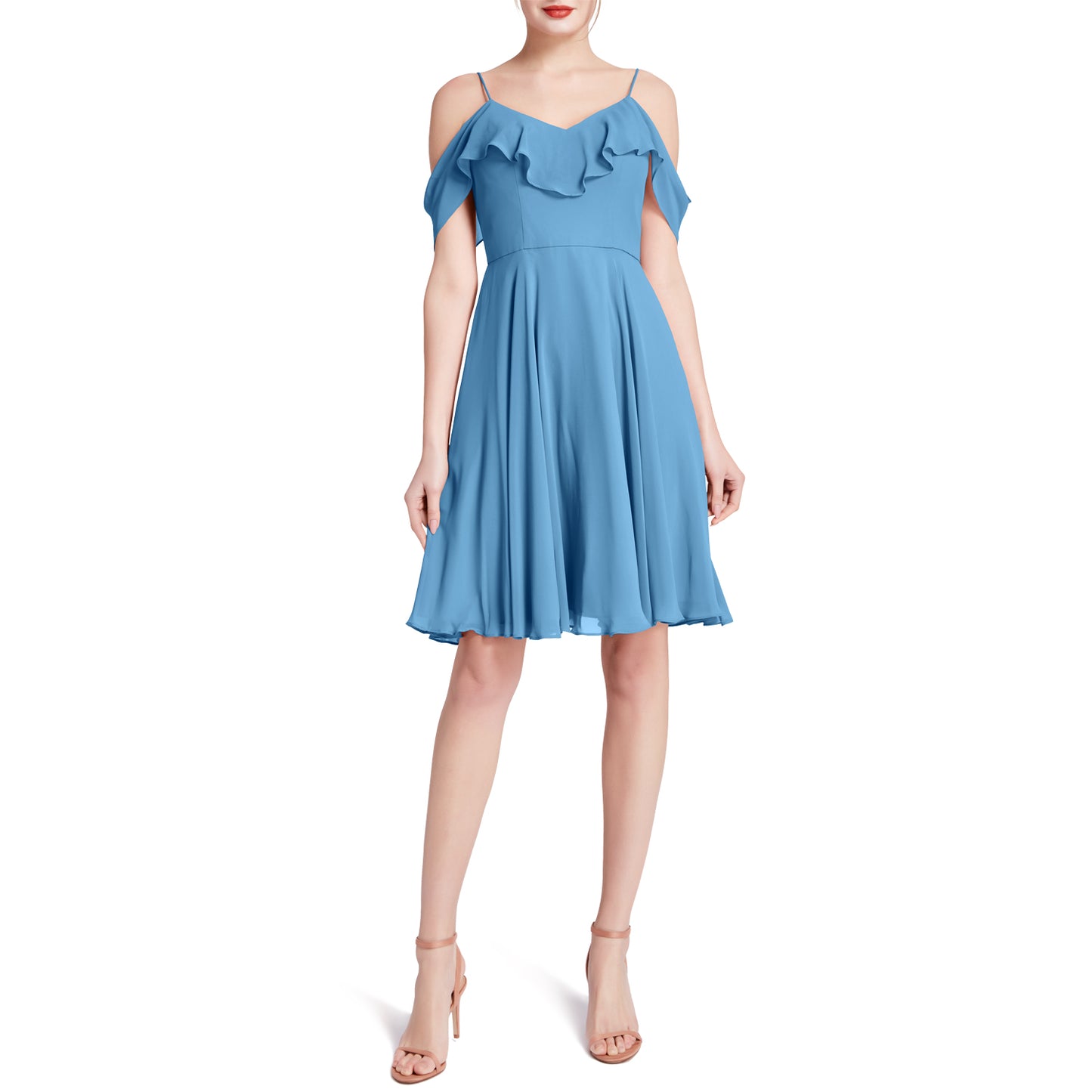 MACloth Damen-Kleid mit kalten Schultern und Rüschen, kurz, für Hochzeit, Party, Brautjungfern