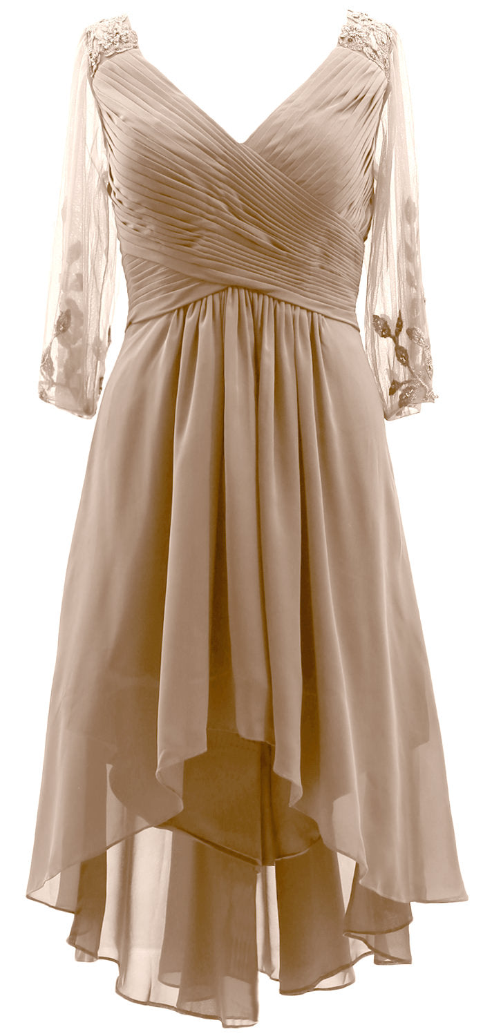 MACloth Damen Abendkleid mit V-Ausschnitt, High Low, für die Brautmutter, mit Ärmeln