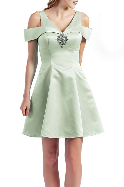 MACloth Women Short Cold Shoulder V Neck Satin Homecoming Dresses Wedding Guest