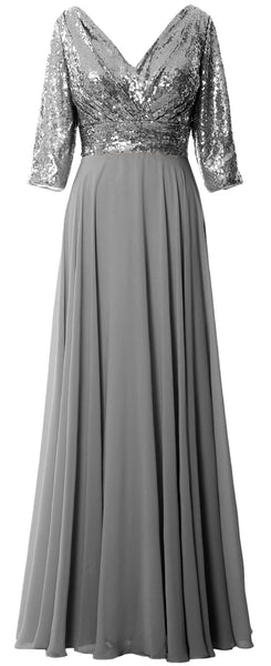 MACloth Women Long Sleeve V Neck Long Sequin Mother of Bride Dresses Maxi Gown
