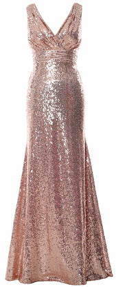 MACloth Women Mermaid V Neck Maxi Sequin Wedding Party Dresses Bridesmaid Prom