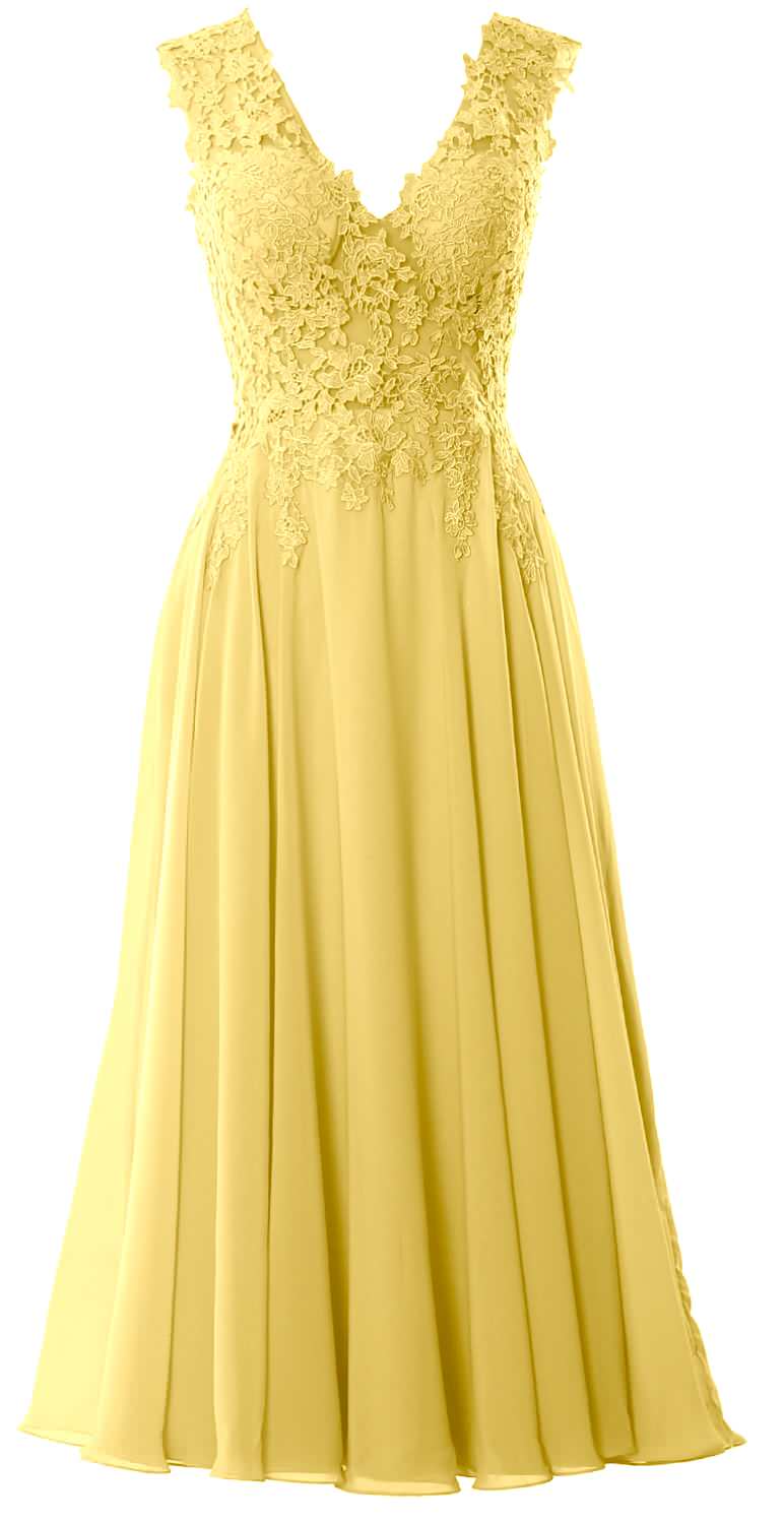MACloth Women V Neck Lace Mother Bride Dresses Midi Tea Length Wedding Dinner