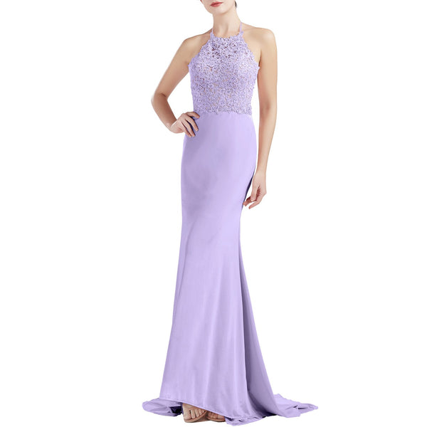 MACloth Women Sleeveless Halter Jersey Mermaid Long Prom Party Dresses Evening