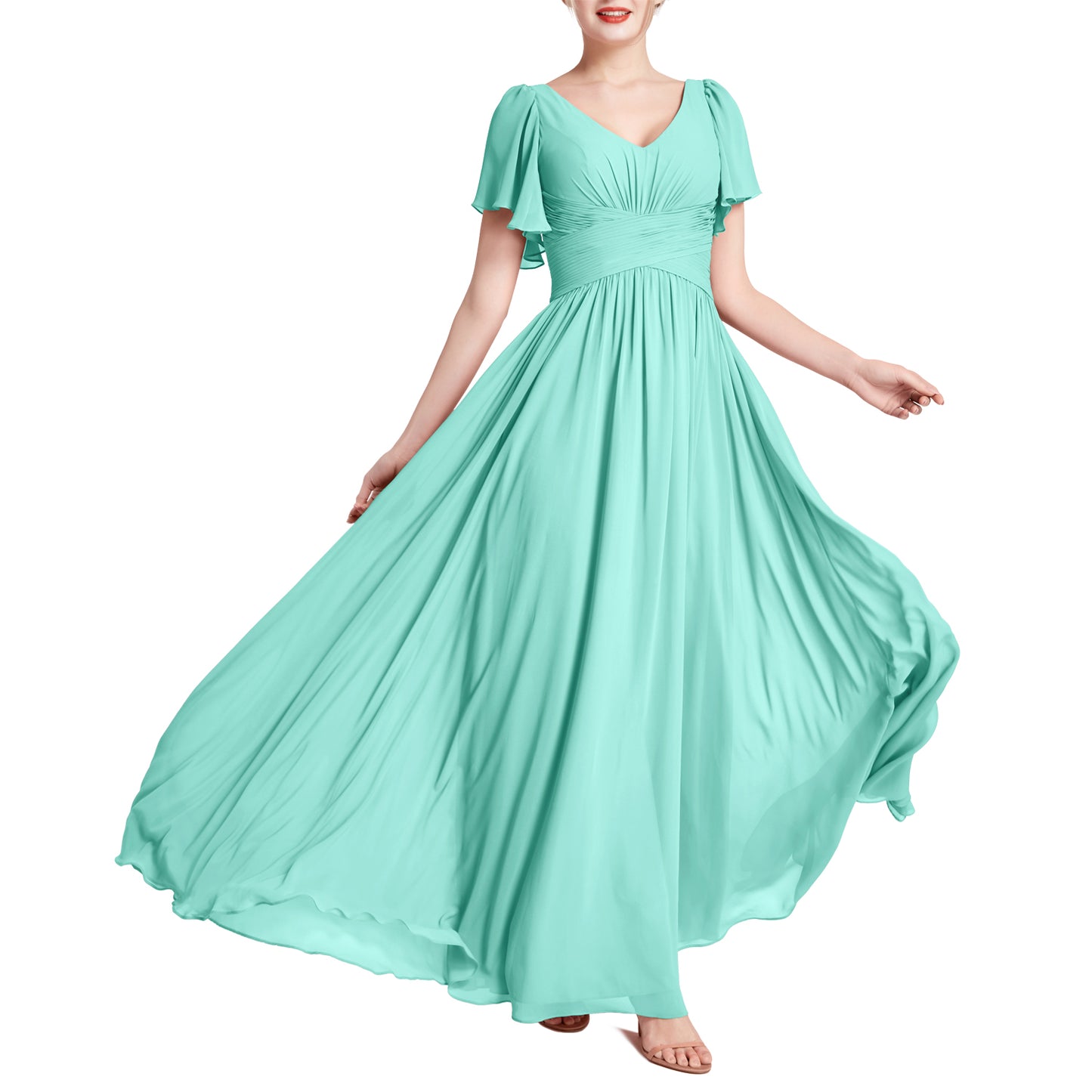 MACloth Vestidos de dama de honor románticos para fiesta de boda con cuello en V y manga corta para mujer