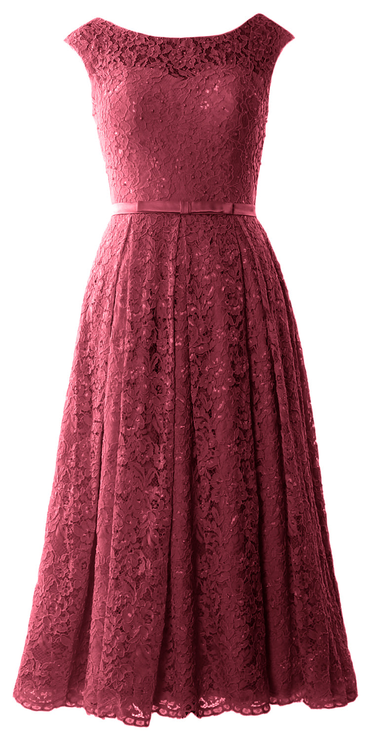 MACloth Women Tea Length Mother Bride Gown Dresses Cap Sleeve Lace Midi Corset