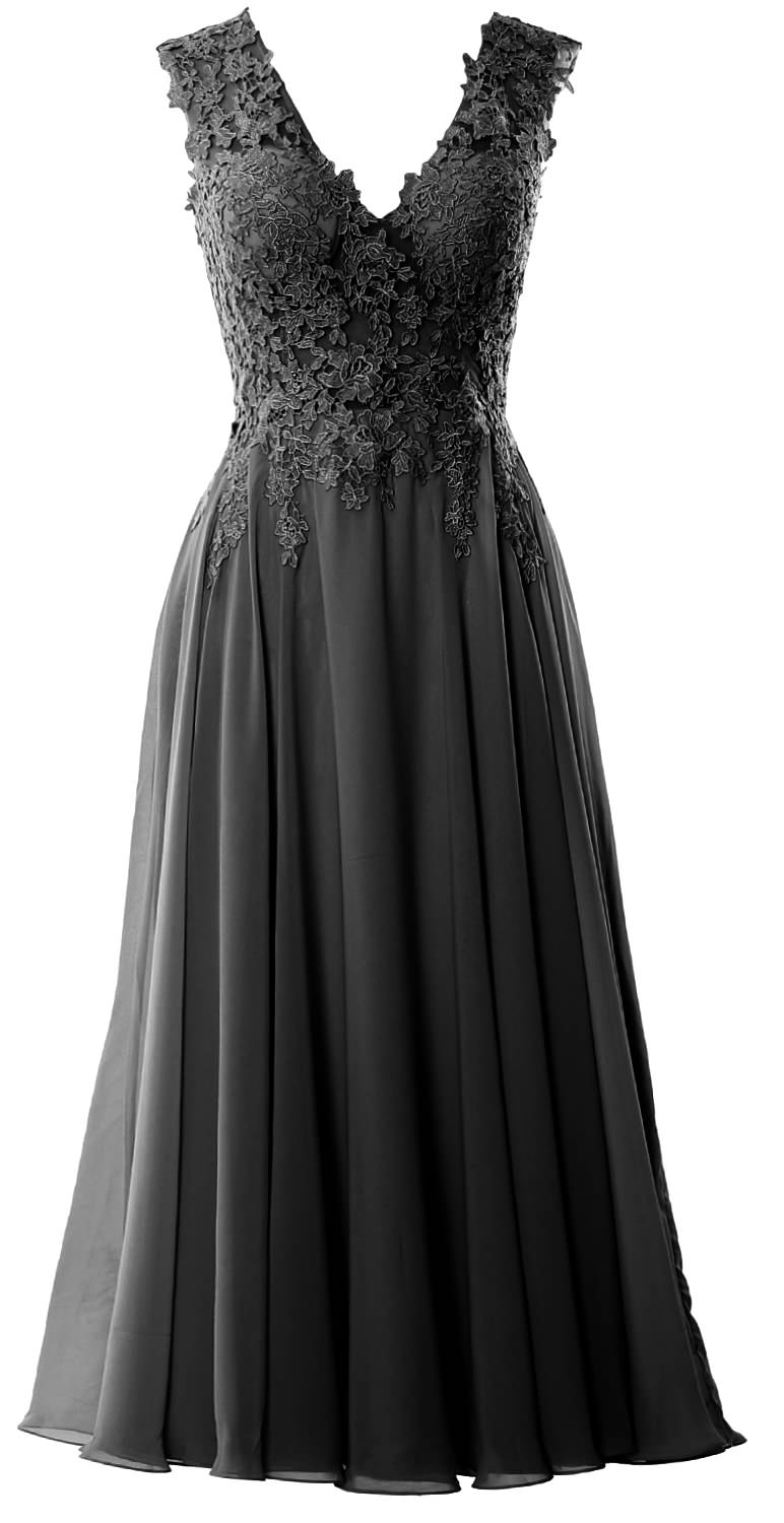 MACloth Women V Neck Lace Mother Bride Dresses Midi Tea Length Wedding Dinner