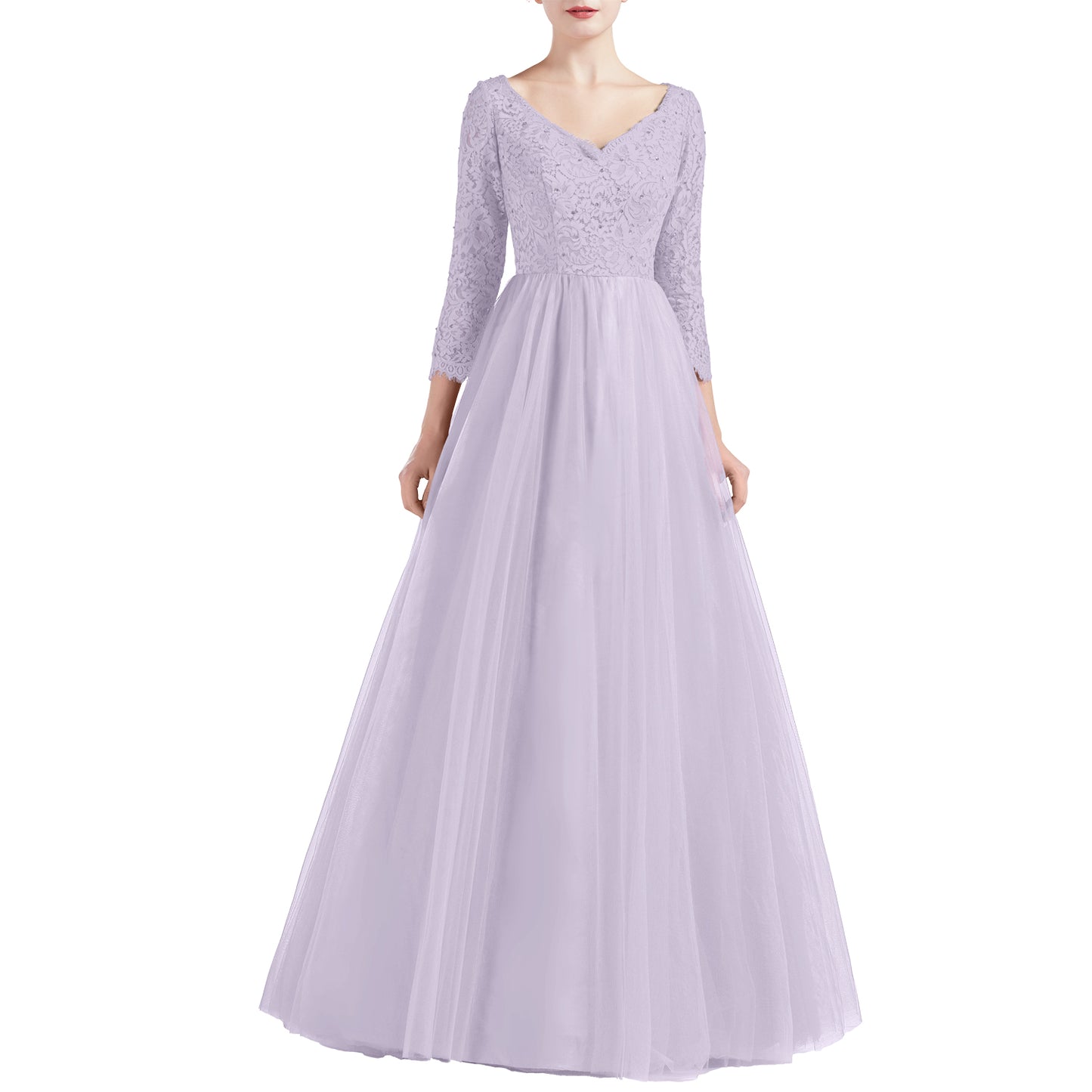 MACloth Women V Neck 3/4 Sleeve Long Tulle Prom Party Dresses Ball Gown Bridal