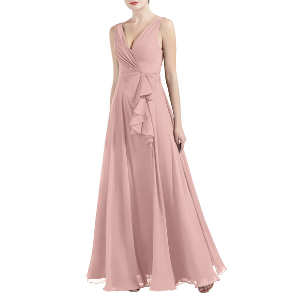 MACloth Women V Neck Long Pleated A Line Wedding Party Bridesmaid Dresses Slit