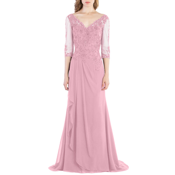 MACloth V Neck 3/4 Sleeve Lace Long Wedding Mother Bride Gown Bridesmaid Dresses