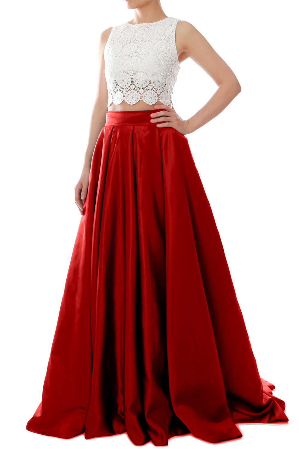 MACloth Women Two Piece O Neck Lace Long Prom Homecoming Dress Evening Ball Gown