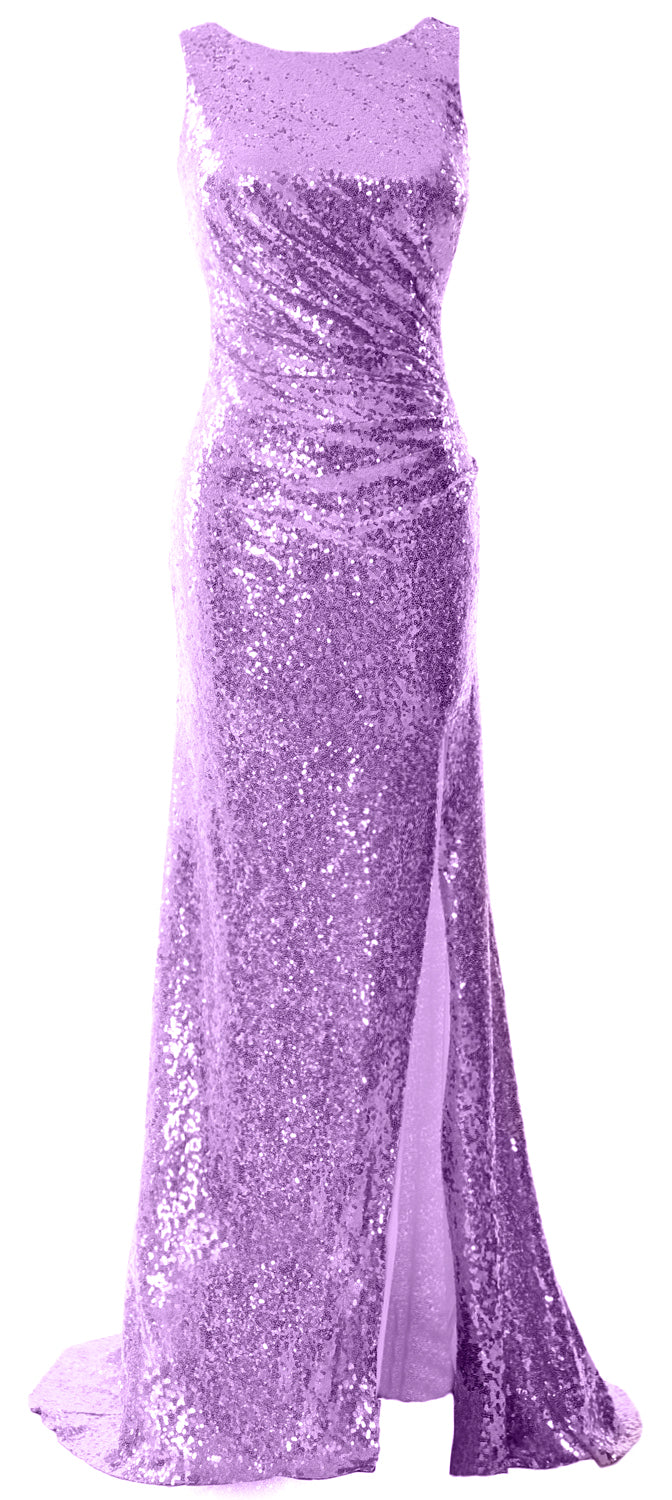 MACloth Women Sequin Long Bridesmaid Dresses Cowl Back Prom Evening Gown Split