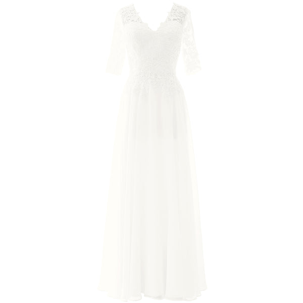 MACloth Long Maxi Mother Bride Dresses Short Sleeve Lace V Neck Evening Gown