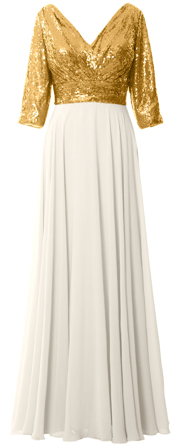 MACloth Damen Maxikleid mit langen Ärmeln und V-Ausschnitt und Pailletten