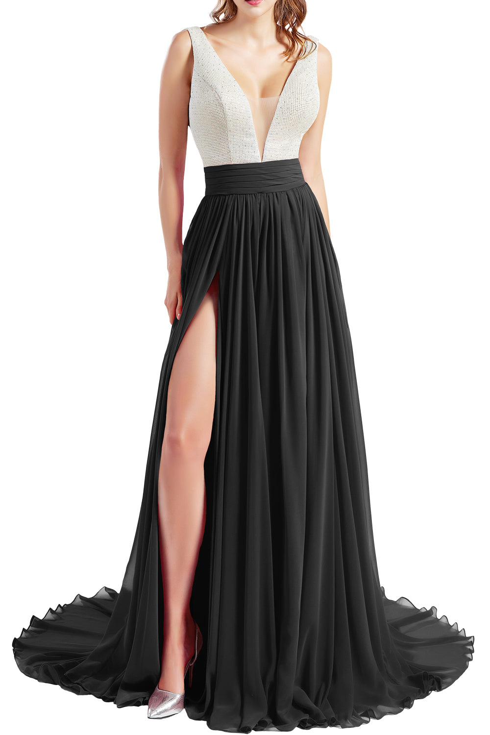MACloth Women V Neck Long Prom Dresses Sleeveless Formal Evening Gown with Slit