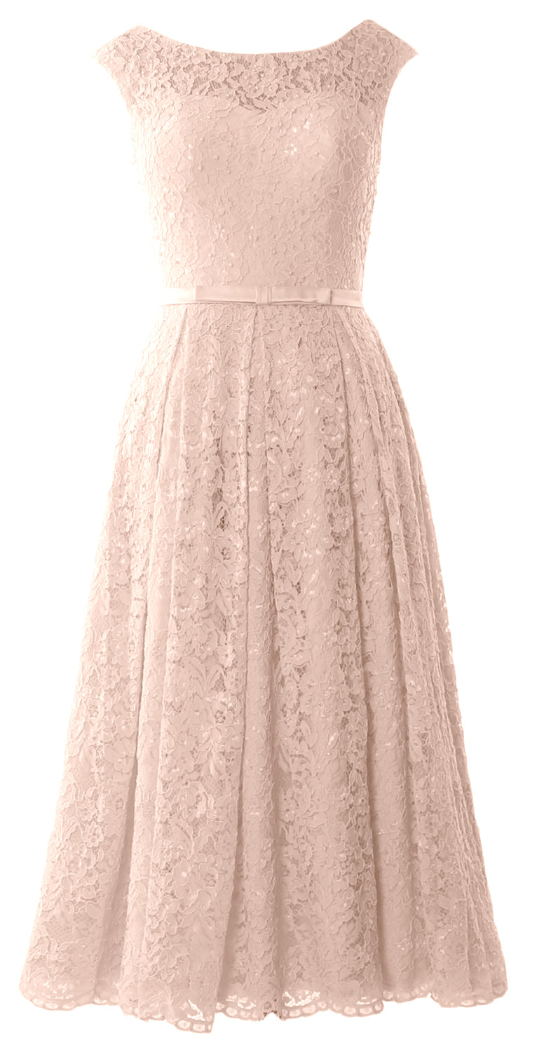 MACloth Women Tea Length Mother Bride Gown Dresses Cap Sleeve Lace Midi Corset