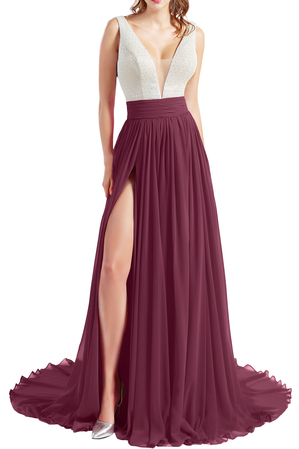 MACloth Women V Neck Long Prom Dresses Sleeveless Formal Evening Gown with Slit