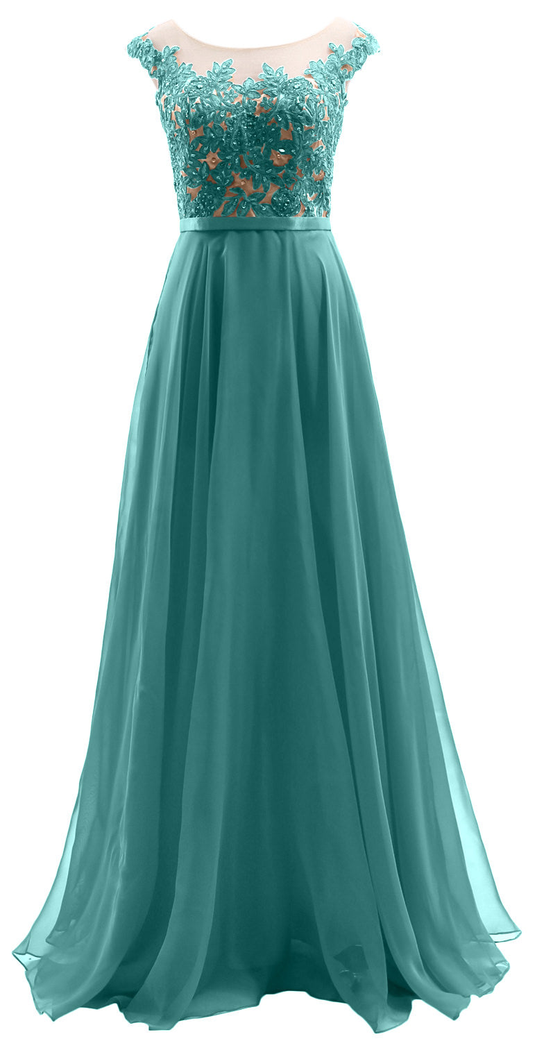 MACloth Cap Sleeves Illusion Long Prom Dress Lace Chiffon Wedding Party Dress