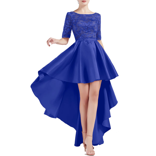 MACloth Women Scoop Neckline Half Sleeve High Low Lace Satin Prom Party Homecoming Dresses