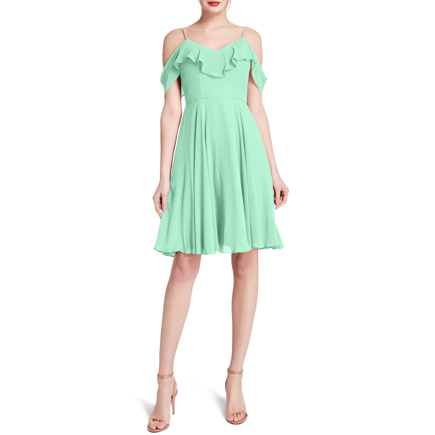 MACloth Damen-Kleid mit kalten Schultern und Rüschen, kurz, für Hochzeit, Party, Brautjungfern