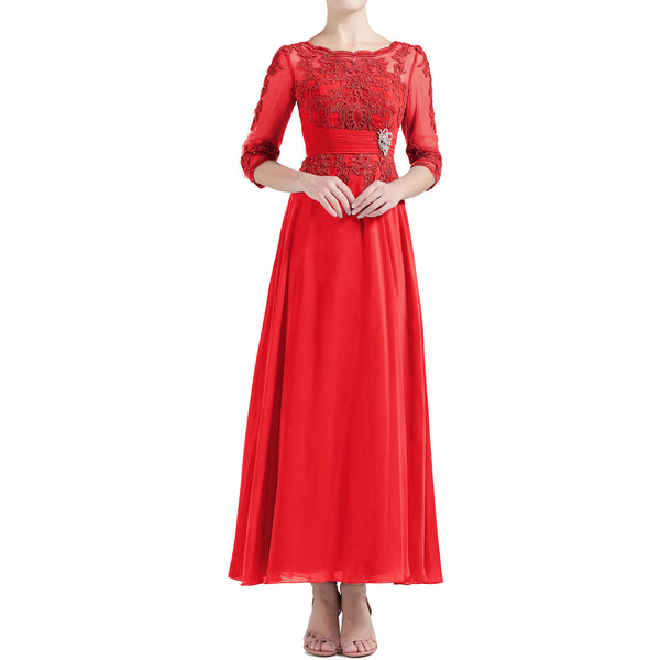 MACloth Women Tea Length 3/4 Sleeve Boat Neck Mother Bride Dresses Bridal Party
