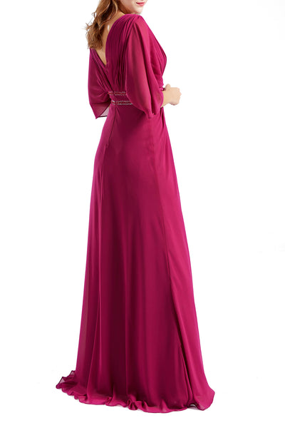 MACloth Women Elegant Long V Neck Mother of Bride Dresses Evening Gown Sleeves