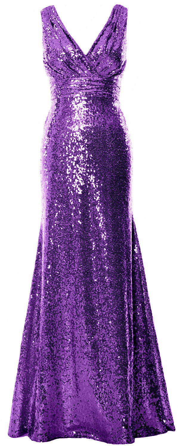 MACloth Women Mermaid V Neck Maxi Sequin Wedding Party Dresses Bridesmaid Prom