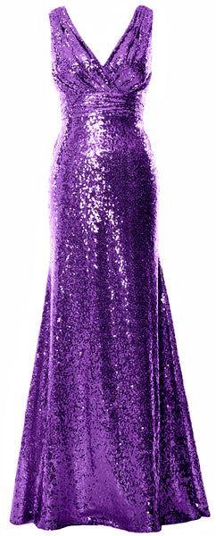 MACloth Women Mermaid V Neck Maxi Sequin Wedding Party Dresses Bridesmaid Prom