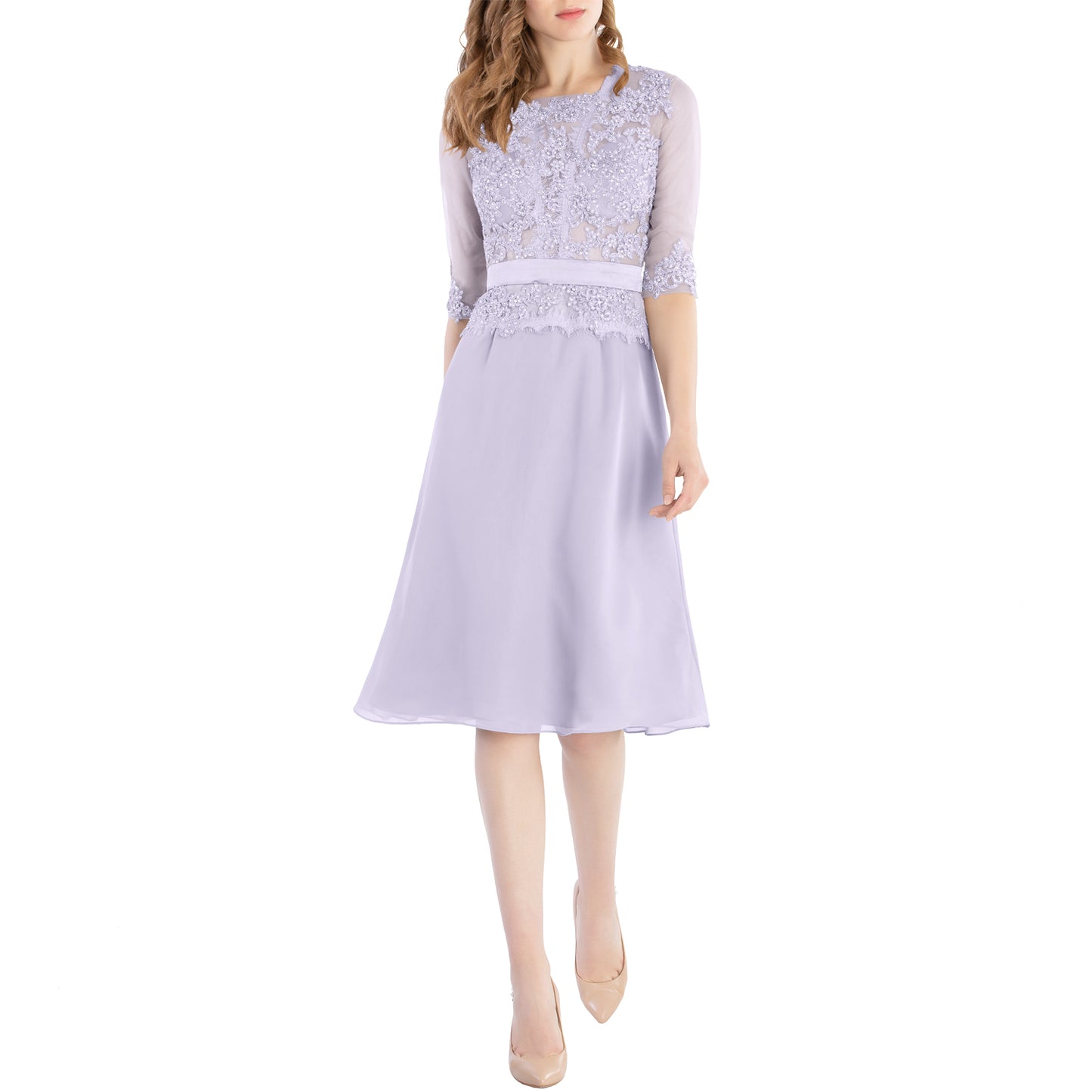 MACloth Damen-Kleid mit Rundhalsausschnitt, Perlenspitze, kurze Halbärmel, für die Brautmutter, Hochzeit, Brautparty