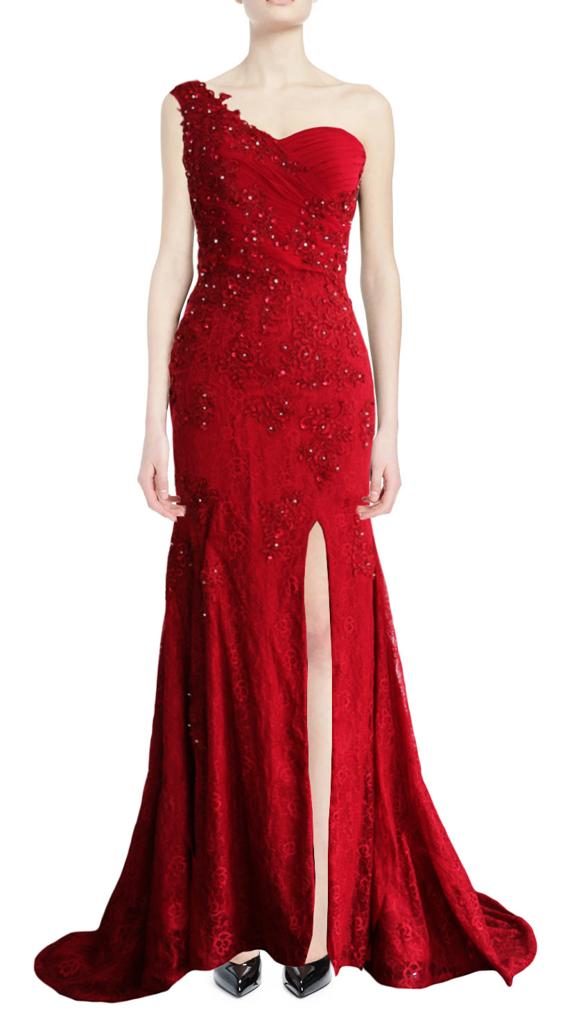 MACloth Women Prom Dresses Mermaid One Shoulder Long Lace Maxi Wedding Gown Long