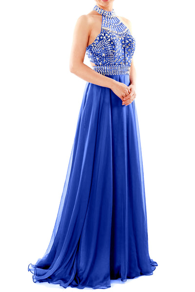 MACloth Women Halter High Neck Sleeveless Long Prom Party Dress Evening Gown