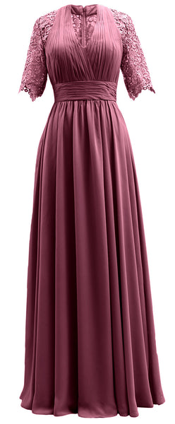 MACloth Long Mother of Bride Dresses Half Sleeves V Neck Formal Evening Gown