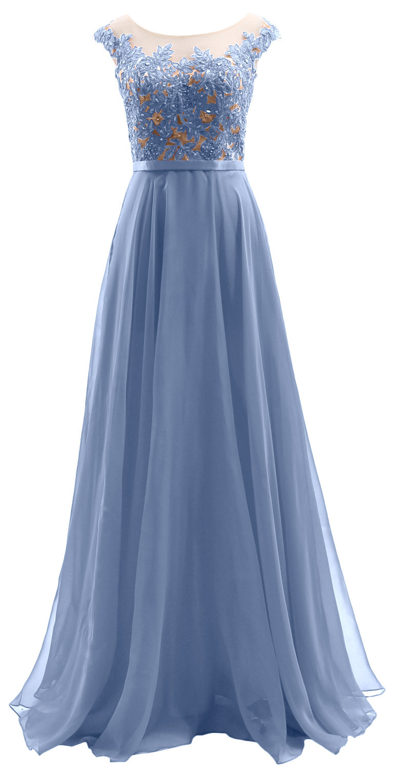 MACloth Cap Sleeves Illusion Long Prom Dress Lace Chiffon Wedding Party Dress