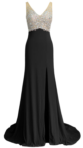 MACloth Elegant Mermaid V Neck Long Prom Dress Jersey Formal Party Evening Gown