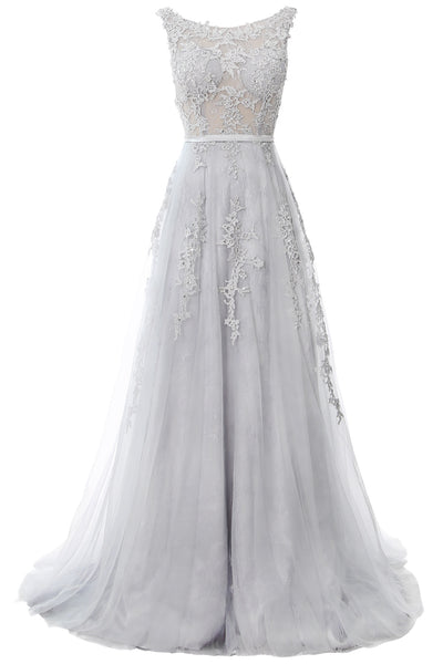 MACloth Lace Prom Dresses Boat Neck Sleeveless Lace Wedding Formal Evening Gown