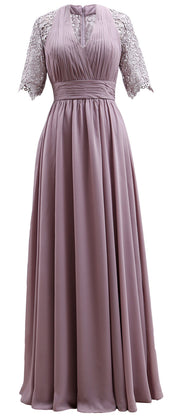 MACloth Long Mother of Bride Dresses Half Sleeves V Neck Formal Evening Gown