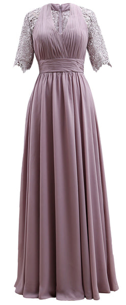 MACloth Long Mother of Bride Dresses Half Sleeves V Neck Formal Evening Gown