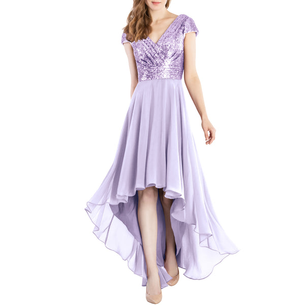 MACloth Mother of Bride Dresses Cap Sleeves High Low Sequin Wedding Formal Gown