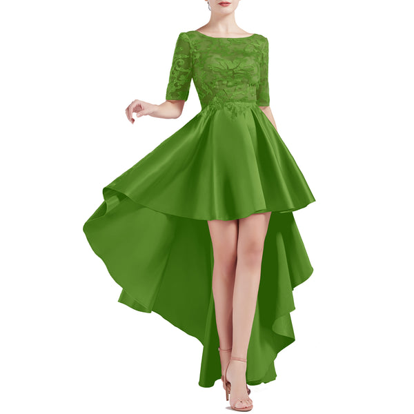 MACloth Women Scoop Neckline Half Sleeve High Low Lace Satin Prom Party Homecoming Dresses