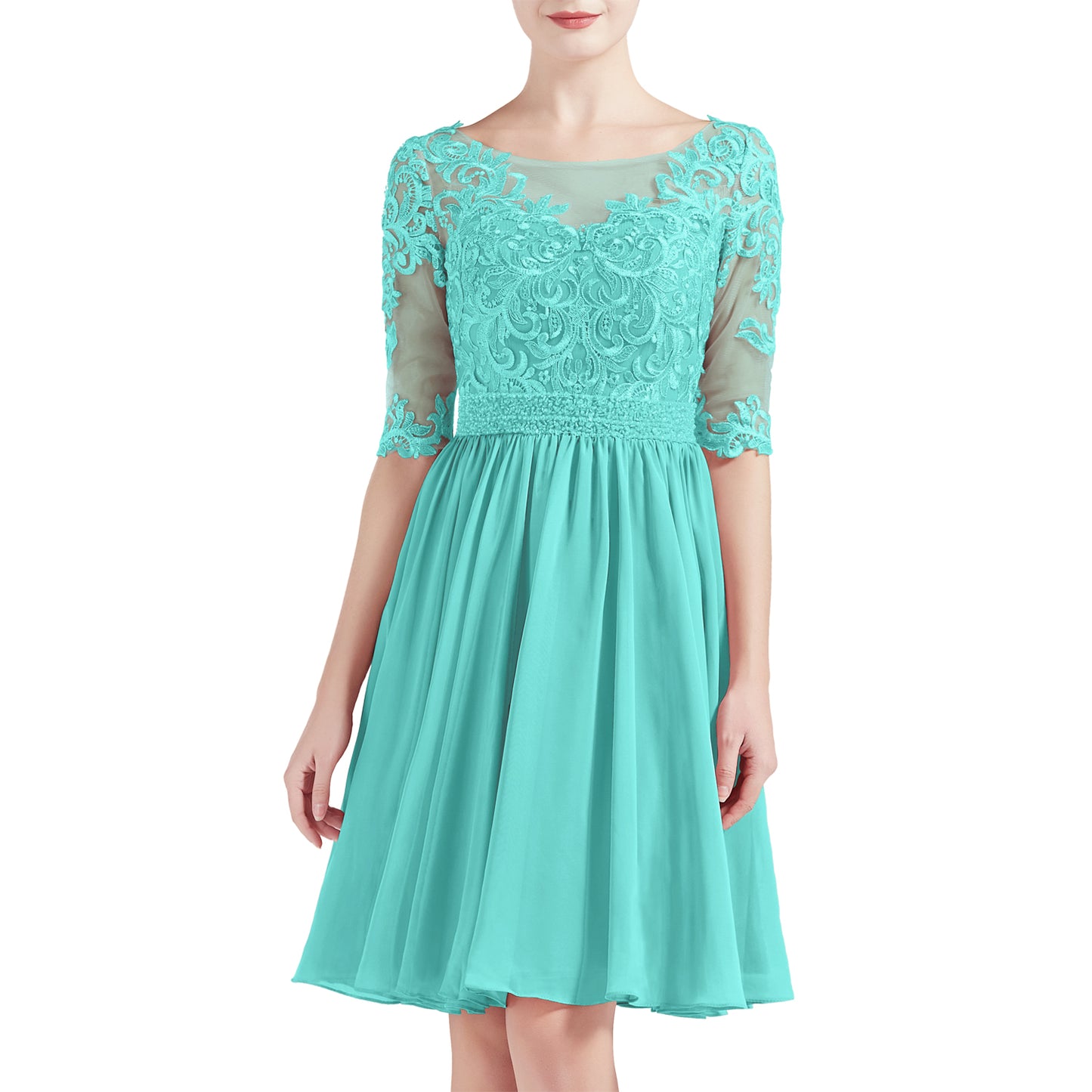 MACloth Women Half Sleeves Short Lace Beading Boat Neckline Mother of Bride Dresses Wedding Bridal Party