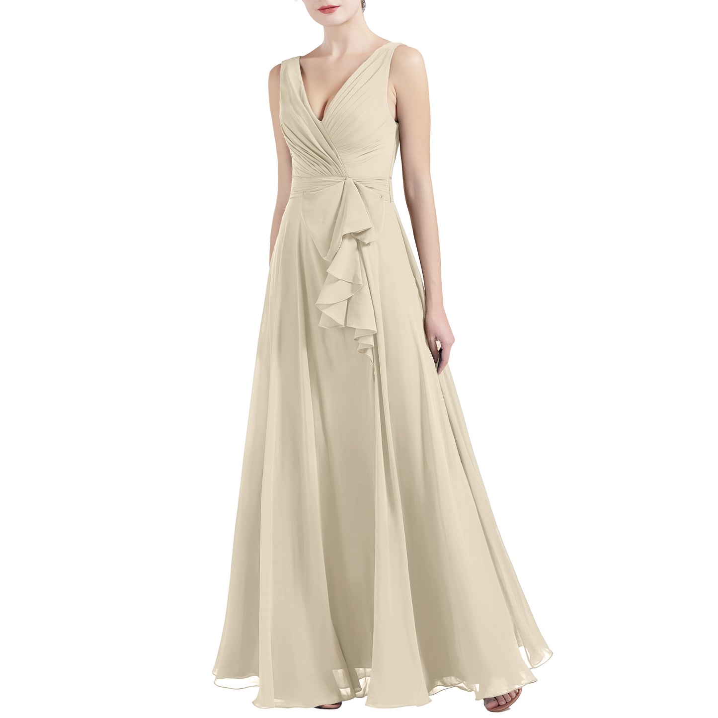 MACloth Women V Neck Long Pleated A Line Wedding Party Bridesmaid Dresses Slit