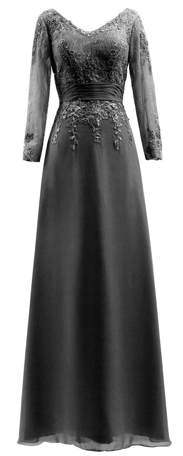 MACloth Vestidos de madre de la novia Mangas largas Cuello en V Encaje Vestido de noche formal